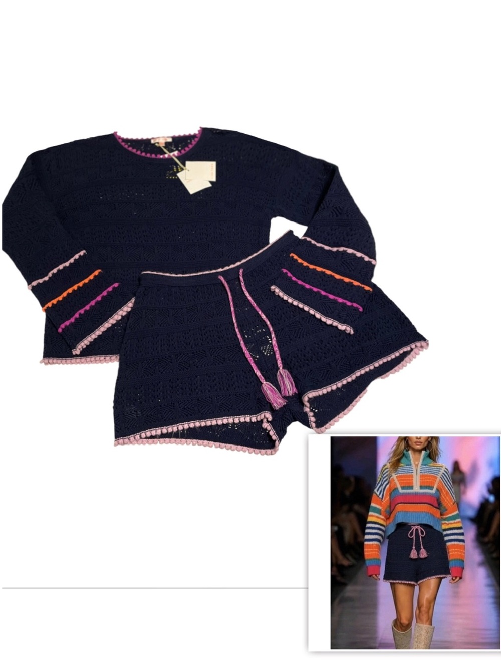 Lisa Todd Navy Crochet Top & Shorts Set with Pink Trim and Multicolor Accents